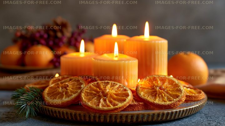 Decorative candles with dried oranges on a table