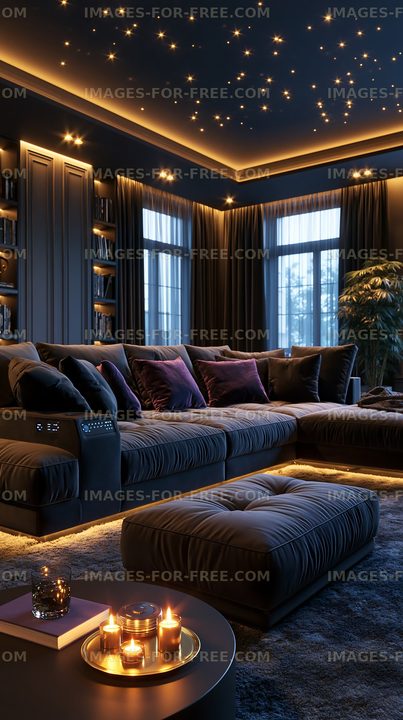 Cozy living room with modern design and warm lighting