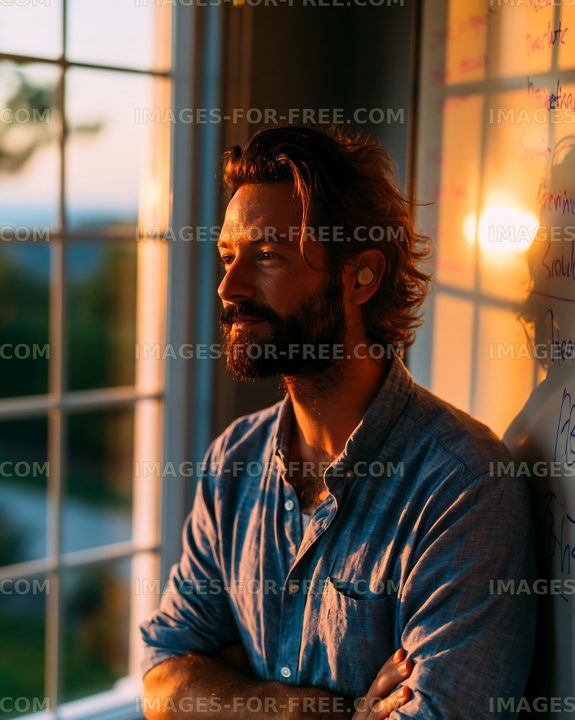 Man stands by window during sunset