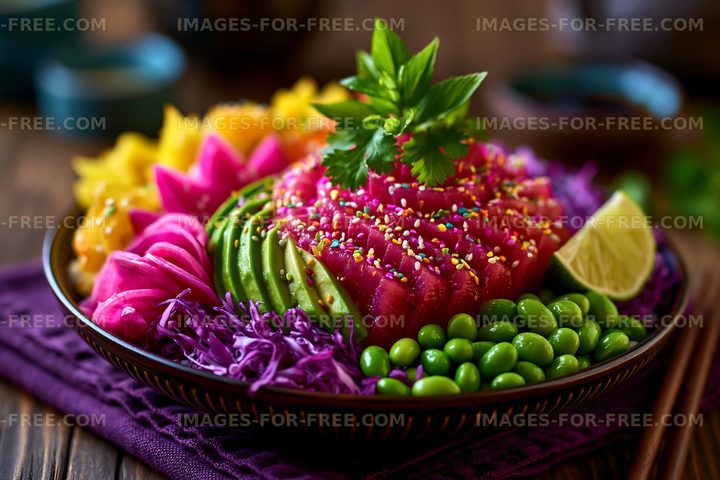 Colorful salad bowl with fresh vegetables and toppings