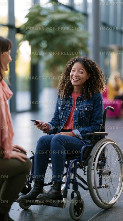 Woman in wheelchair smiles during conversation indoors