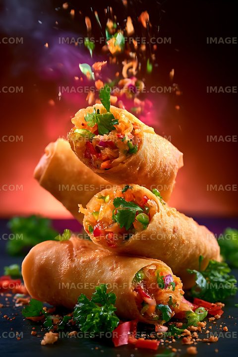 Fried rolls filled with vegetables stacked on a dark background