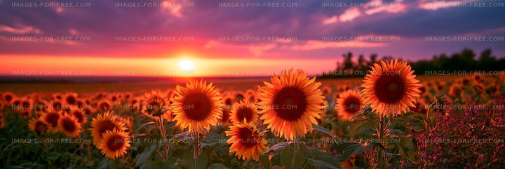 Sunset over a field of sunflowers with colorful sky