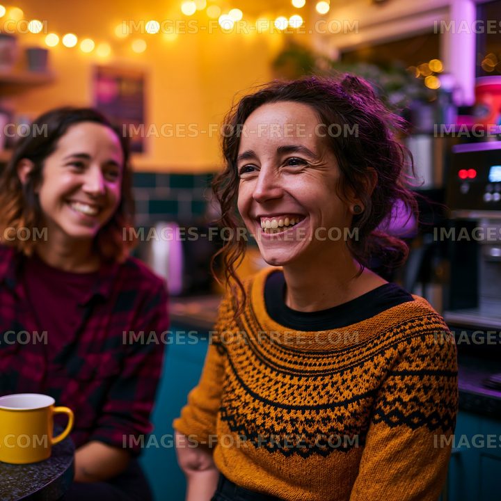 Friends enjoying a conversation in a cozy cafe setting