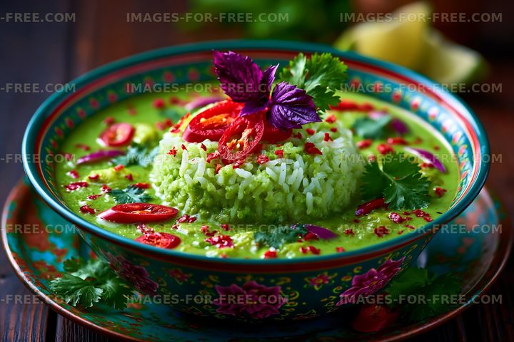 Close-up green rice with chili and fresh herbs