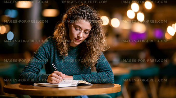 Woman with glasses journaling in a cozy cafe