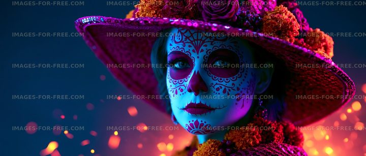 Colorful sugar skull makeup portrait with floral wide-brimmed hat