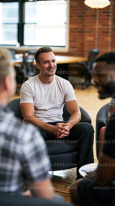 Smiling man seated during a group conversation