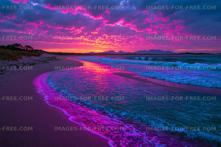 Colorful sunset shoreline with ocean waves and mountain silhouettes