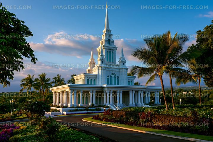 Ornate white temple in a tropical landscape