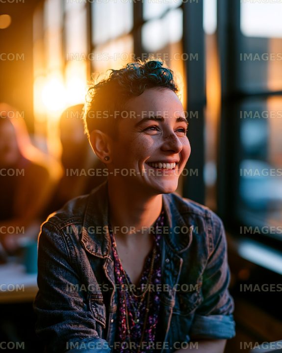 Smiling person with short hair in a cafe during sunset