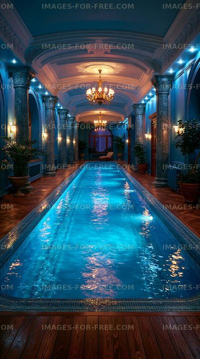 Turquoise indoor swimming pool in an ornate architectural interior