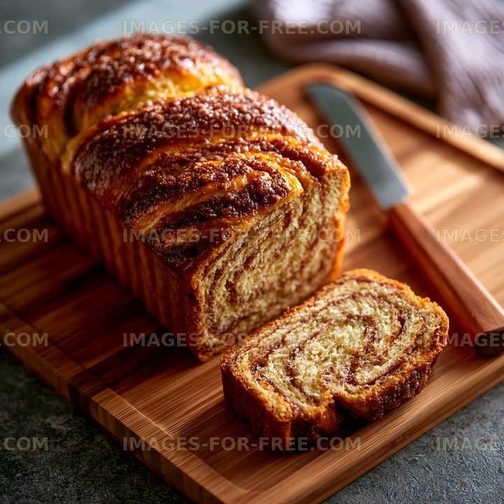 Freshly baked bread on a wooden board with a knife