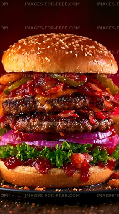 Loaded double beef hamburger with colorful fresh toppings