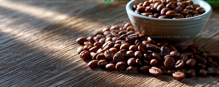 Roasted Coffee Beans in Bowl with Scattered Beans