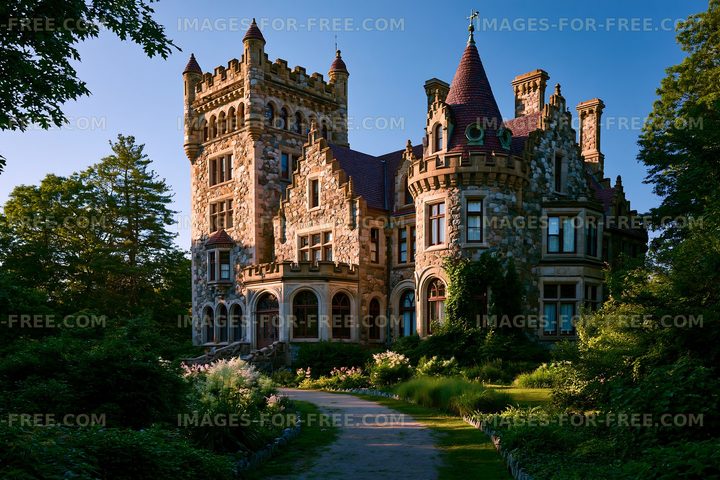 Ornate historic mansion in a lush garden