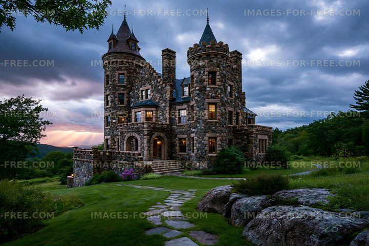Turreted stone house in a mountain landscape at sunset