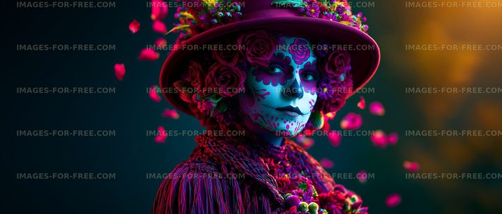 Colorful face-painted person wearing a floral hat