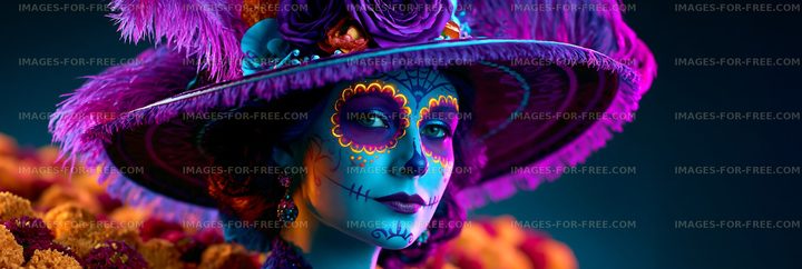 Colorful close-up portrait with decorative face paint and featheredhat