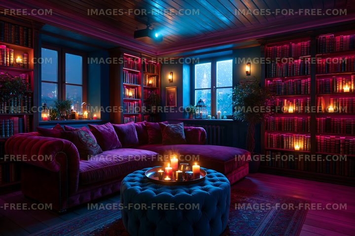 Atmospheric library lounge illuminated by candles and colored light