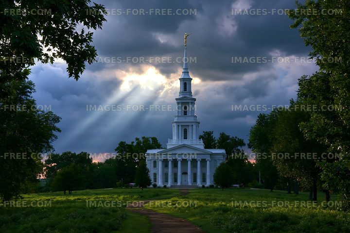 White church and steeple under dramatic clouds