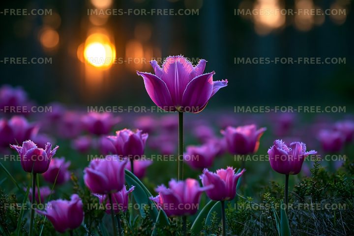 Purple tulip among garden flowers in warm sunlight