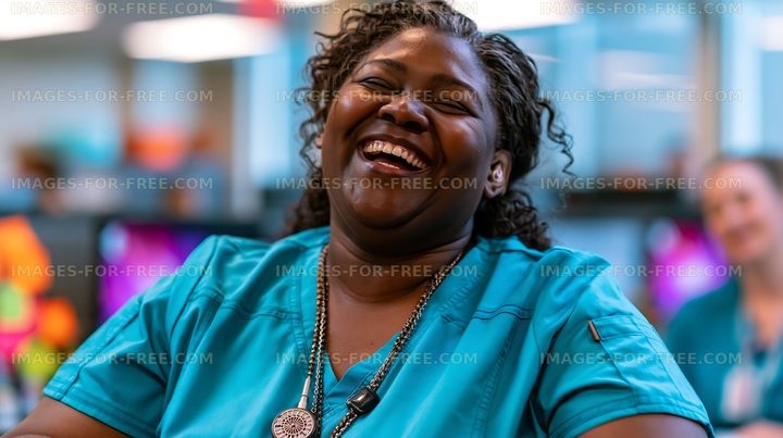 Happy woman laughing indoors with colorful blurred background