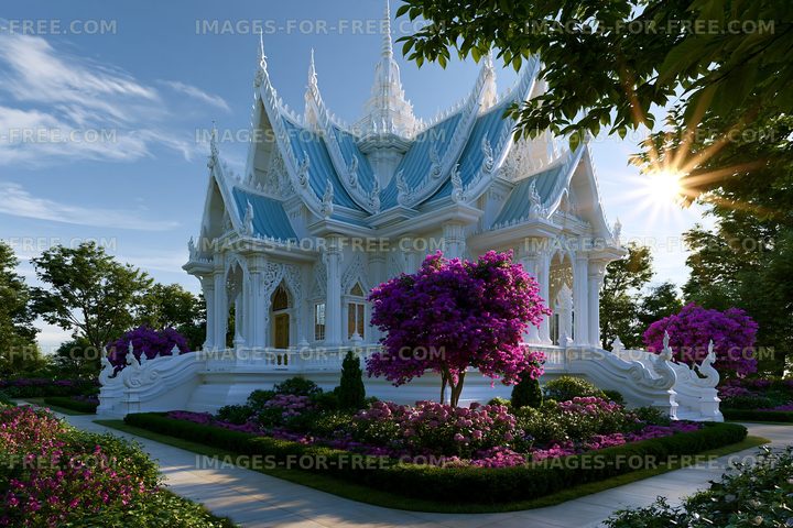 Ornate white temple in a colorful landscaped garden