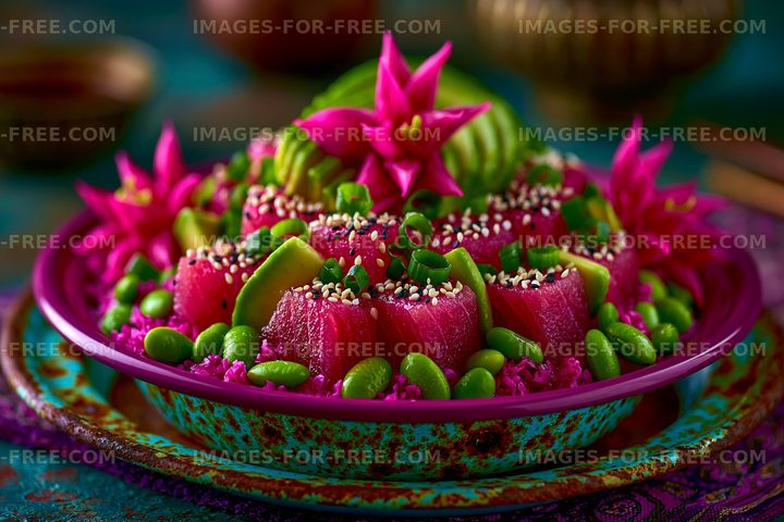 Colorful salad with fruits and vegetables on a decorated plate