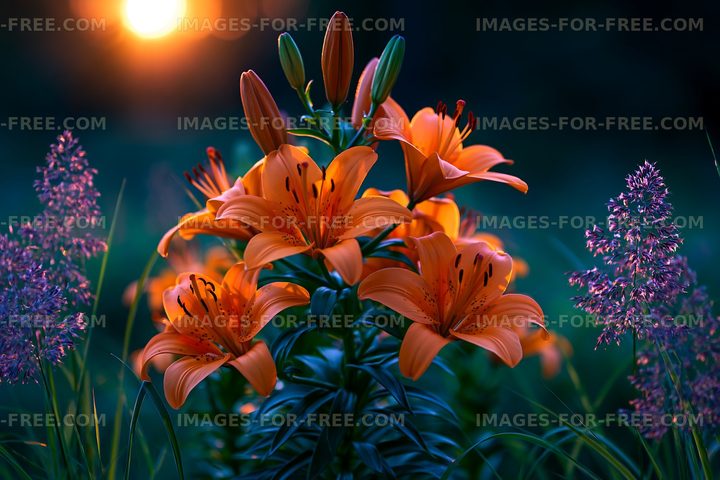 Vibrant orange lilies in warm evening garden light