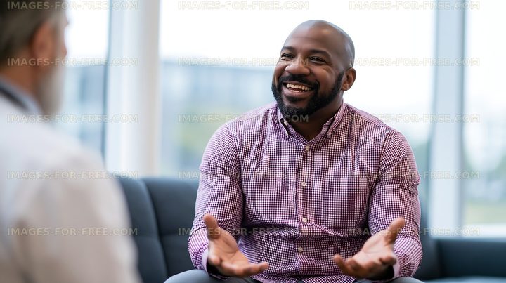 Happy man having a conversation in a modern office