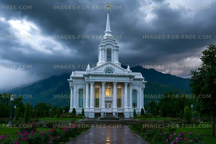 Elegant white temple in a mountain garden after rain