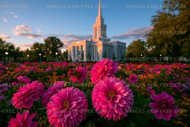 Colorful dahlia garden with a steepled building at sunset