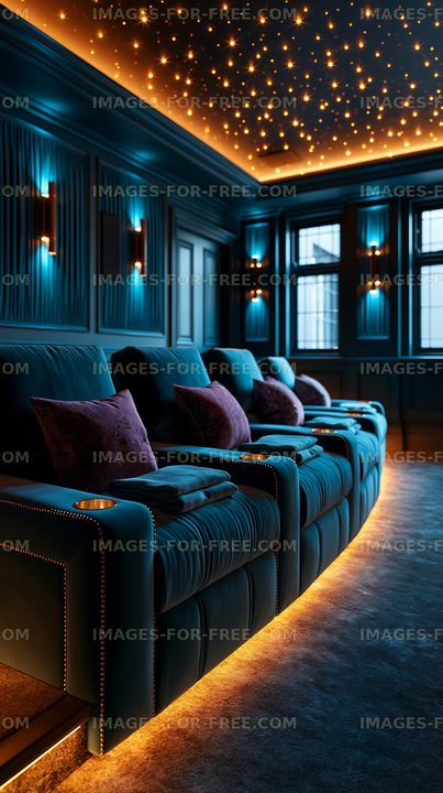Moody cinema auditorium with glowing ceiling lights