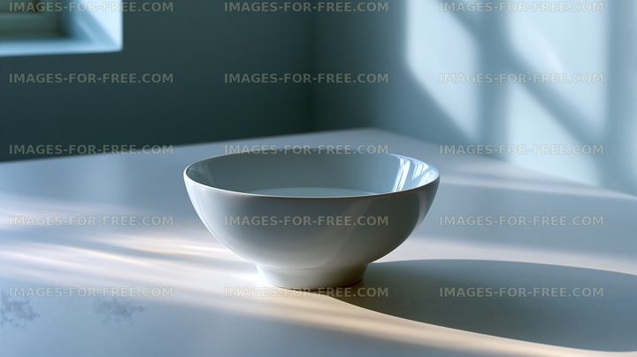 Sunlit white ceramic bowl on a tabletop