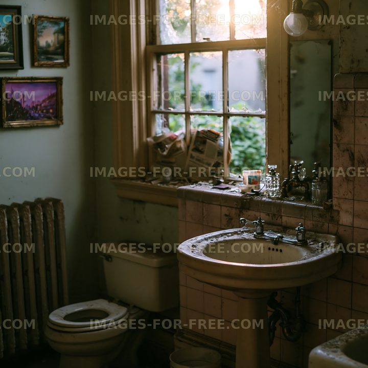 Weathered bathroom interior with sunlight through the window