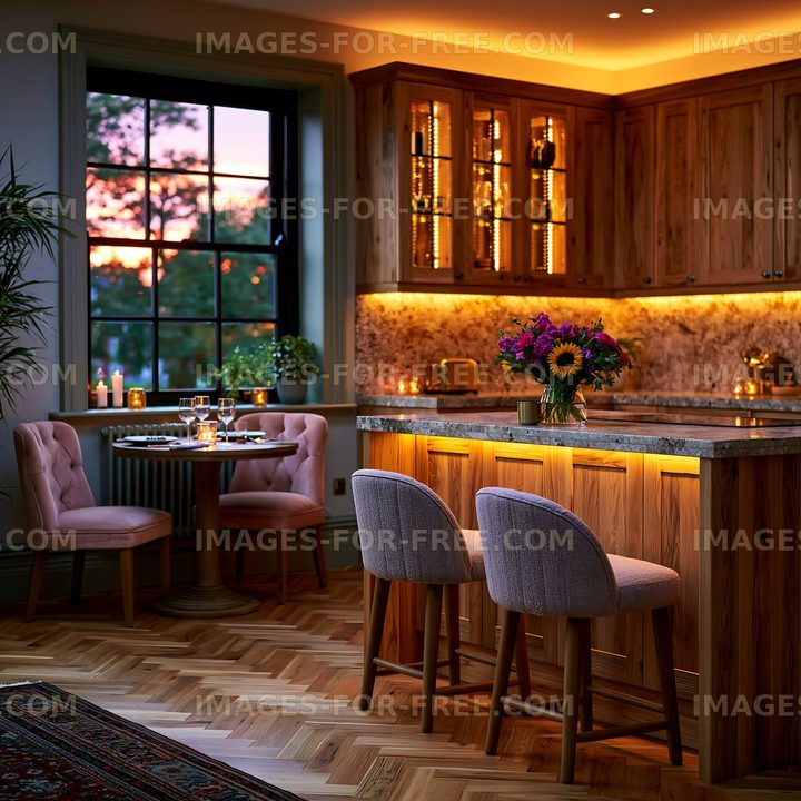 Cozy kitchen interior with dining table and floral centerpiece