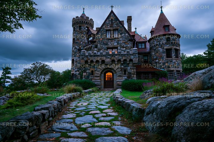 Historic stone castle with turrets and garden path