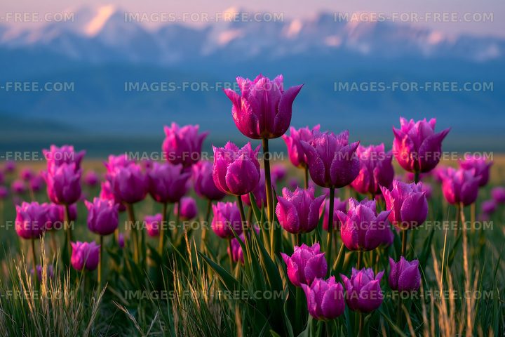 Dew-covered pink tulips in a mountain meadow