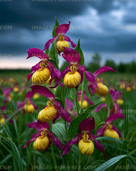 Magenta and yellow lady's slipper orchids in bloom