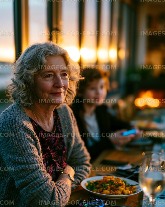 Mature woman enjoying an evening meal in warm restaurant light