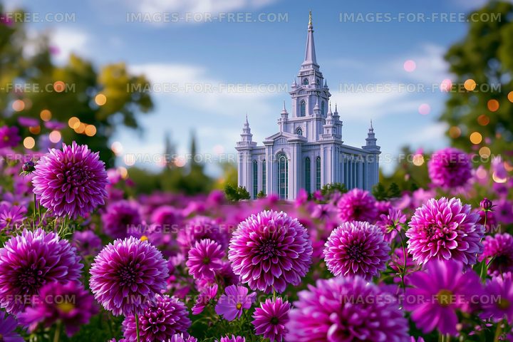 Colorful flowers in a garden with a church in the background