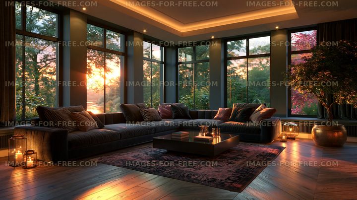 Modern living room glowing in warm sunset light