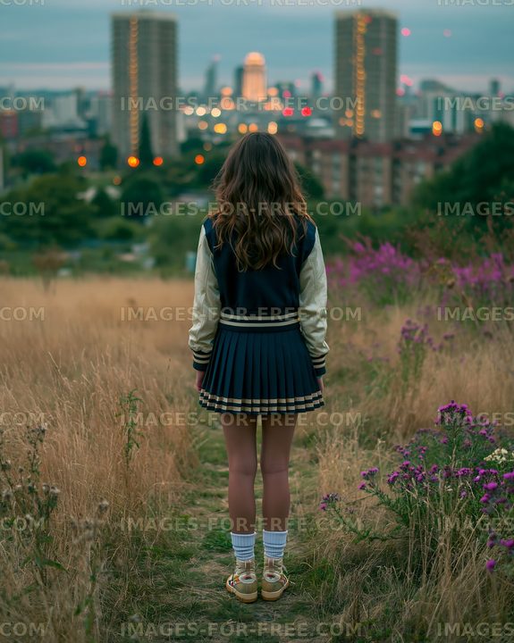 Rear View of Woman in Wildflower Meadow at Dusk