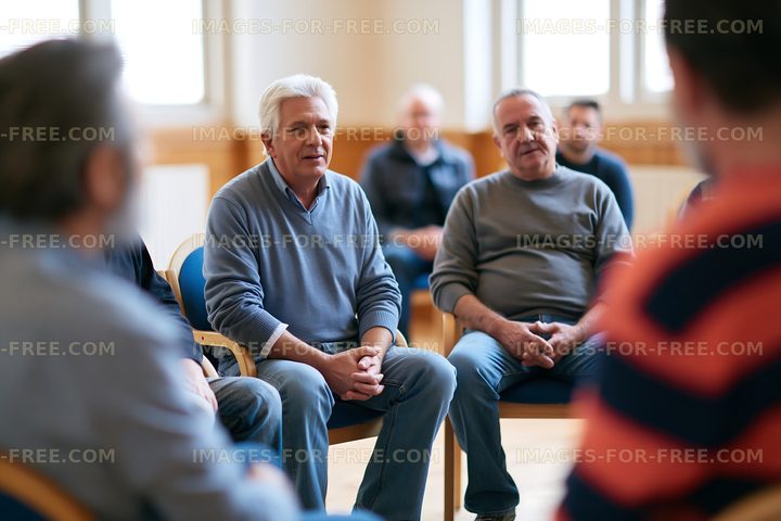 Older men participating in an indoor group discussion