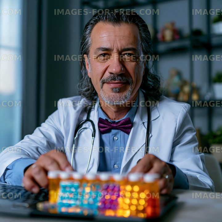 Doctor in White Coat with Colorful Medicine Containers