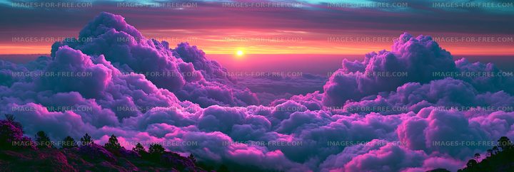 Colorful sunset over dramatic clouds and silhouetted hills
