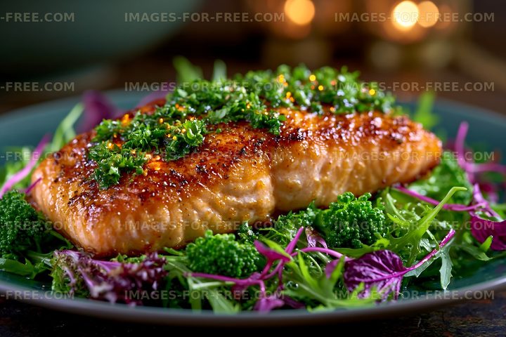 Roasted salmon with herbs and colorful salad