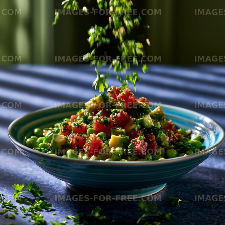 Colorful avocado and tomato salad in blue bowl