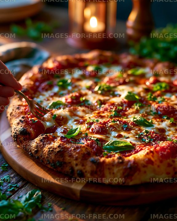 Cheesy pizza with tomato sauce and fresh basil